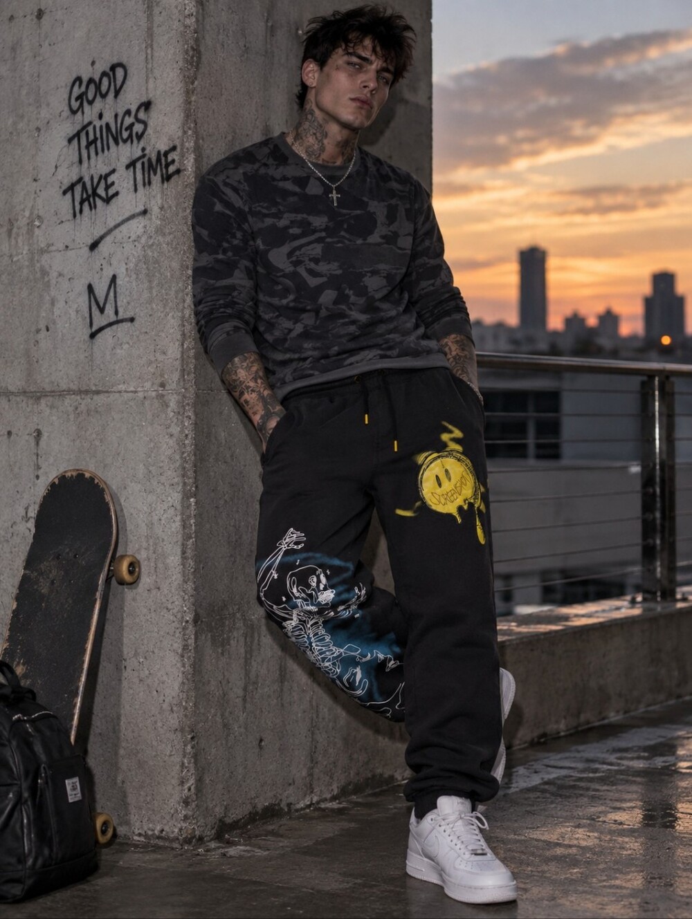 Screenshot Brand Urban NYC Skeleton & Emoji Fleece Jogger Pants Black Size M CC